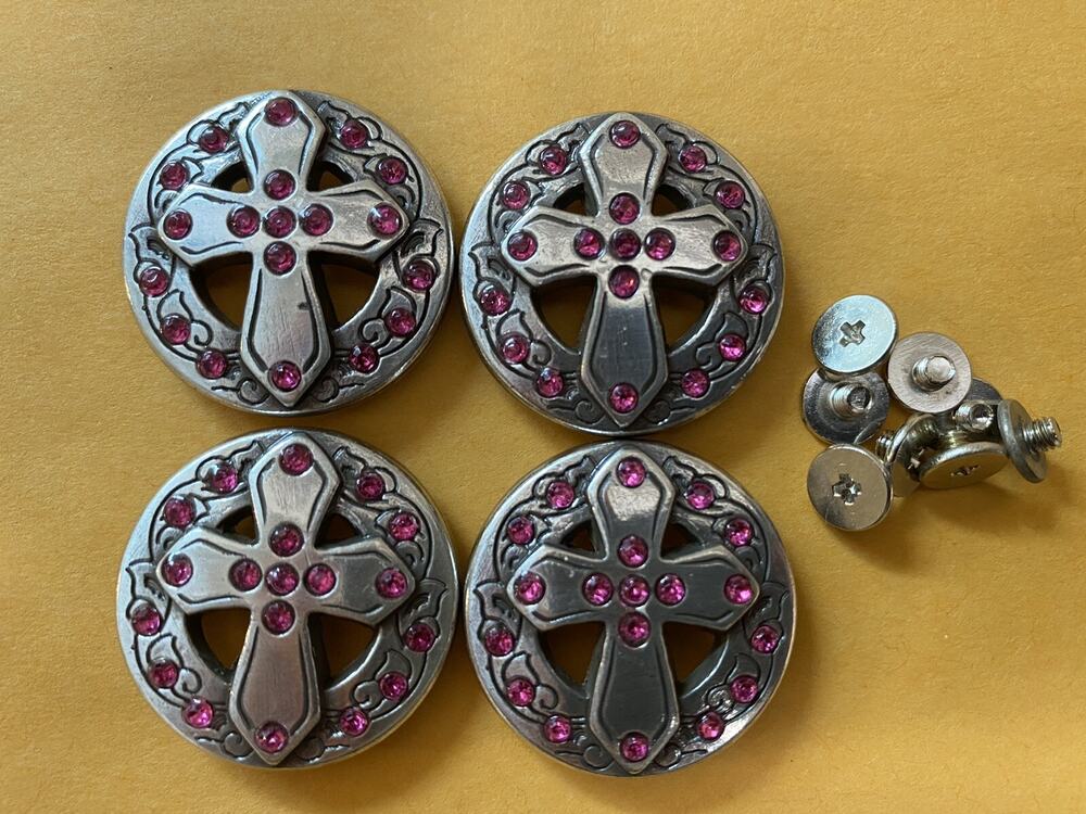 Lot of 4 Silver Conchos with Hot Pink Rhinestone Cross with Screws New 1” Wide